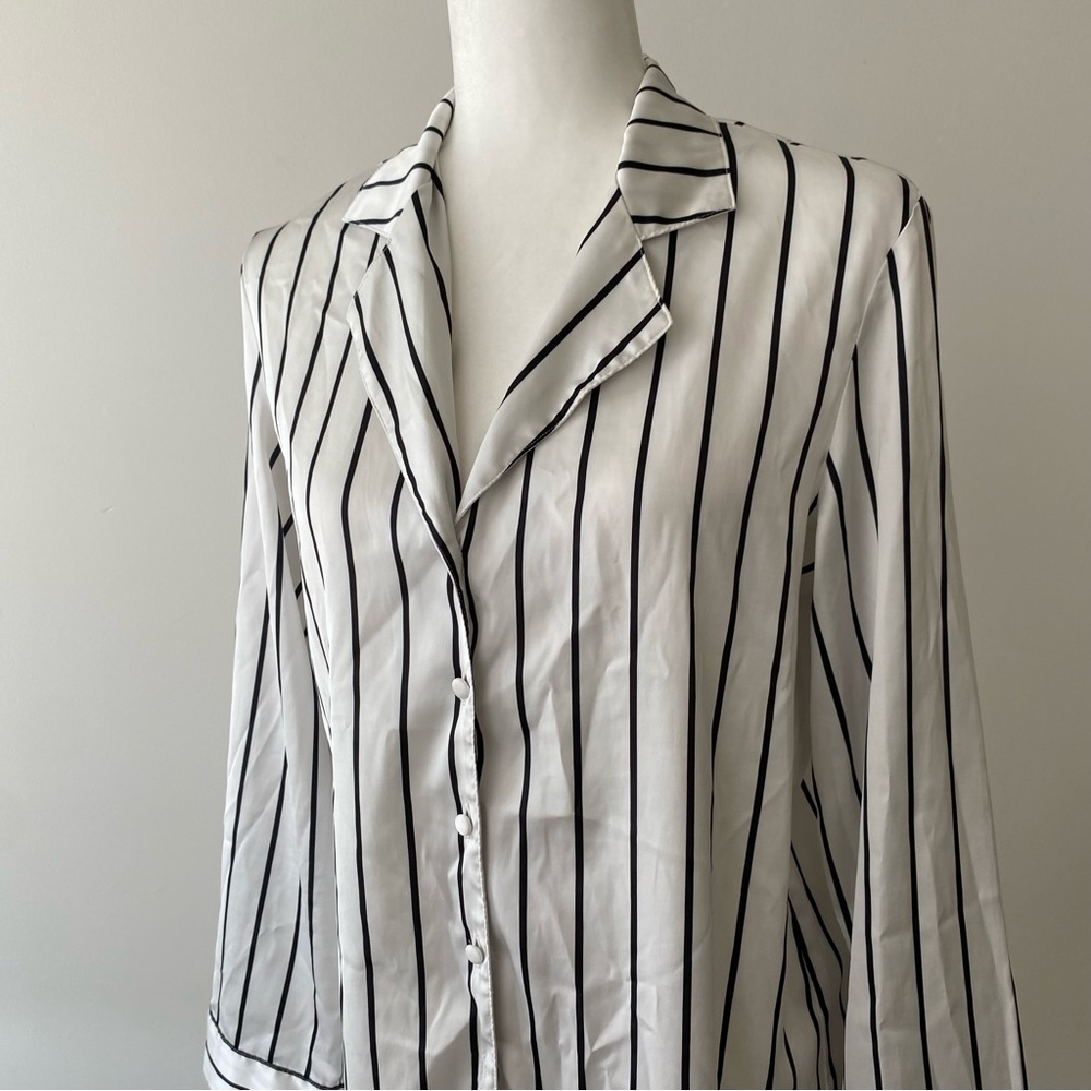 La Vie En Rose Black and White Vertical Stripe Satin Shirt - Picture 9 of 10